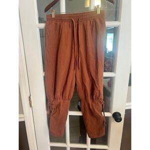 Mens Rust Linen Cotton pirate Jogger Pants Lace Up Ankle Drawstring Waist M. Dd